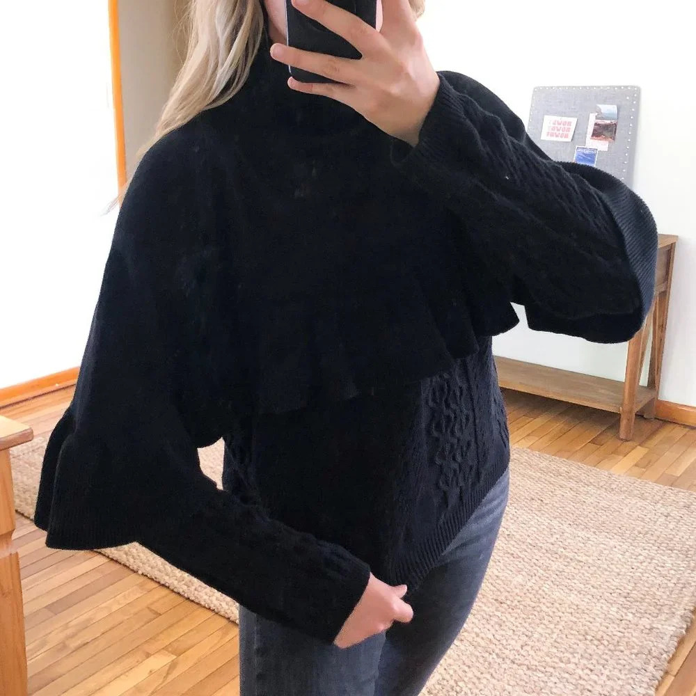 Project Naadam Black Cotton Acrylic Blend Ruffled Mock Neck Knit Sweater Medium